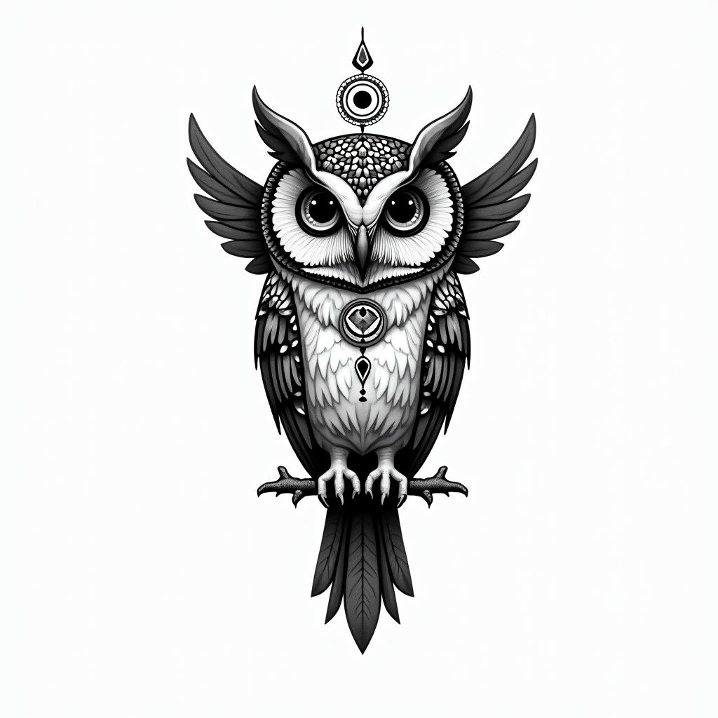 Owl is.in spiritual symbols tattoo style, featuring an intricate design incorporating elements, Hamsa hand, third eye, minimalist composition - Variation 2