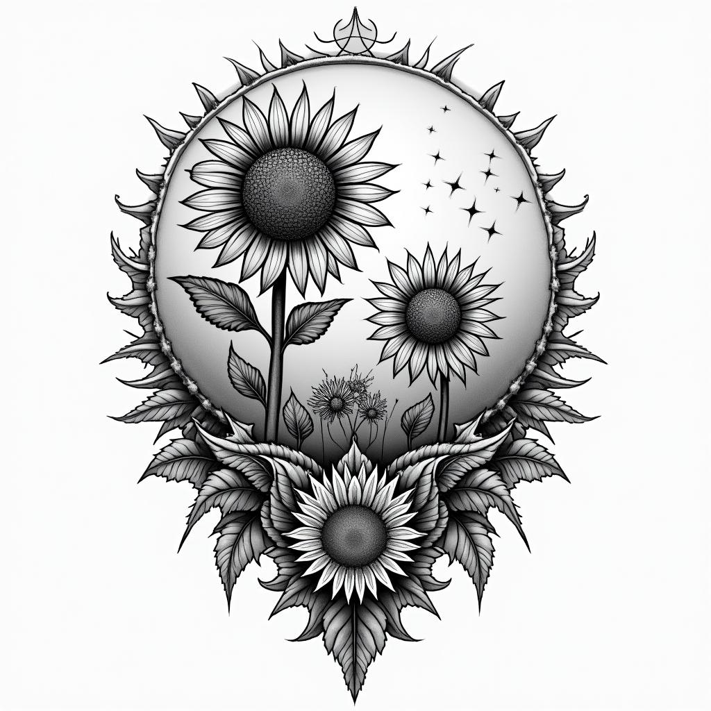 Sunflower, sunset, Kansasin paganic style tattoo, featuring ancient symbols, add vegvisir symbol, mystical figures, incorporating designs, pentagrams, runes, crescent moons, - Variation 4
