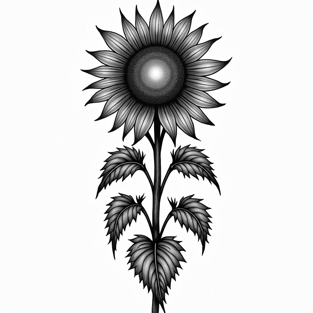 Sunflower, sunset, Kansasin paganic style tattoo, featuring ancient symbols, add vegvisir symbol, mystical figures, incorporating designs, pentagrams, runes, crescent moons,
