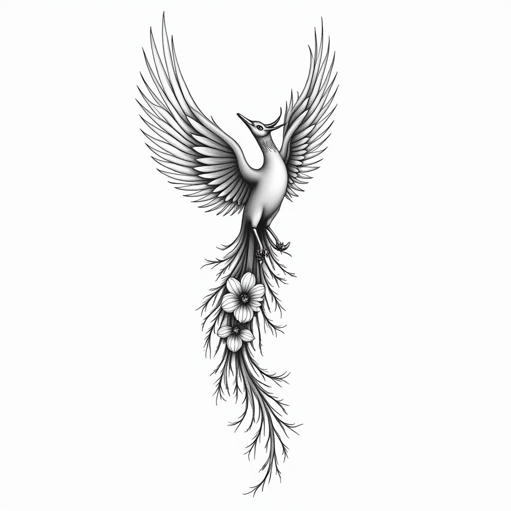 “Create a fine-line black and grey tattoo of a feminine phoenix rising upward, wings open. The phoenix’s feathers should gradually dissolve into floral elements and a small constellation.
Incorporate two meaningful symbols into the design:
– A lotus flower hidden in the feathers, with the letter M in the center, representing a daughter born on May 10, 2016.
– A constellation forming from a feather, including a central W-shaped star, symbolizing a son born on April 7, 2015.
Add magnolia flowers and soft leaves flowing from the phoenix’s tail to the base, representing rebirth and inner strength.
Underneath or subtly within the tail, include the quote in fine script:
‘Je me suis relevée sans bruit, mais pour toujours.’
Design for the inner arm, slightly curving toward the front. Keep the lines soft, detailed, poetic, and elegant. No heavy shading — only light gradients if needed.”higly detailed tattoo - Variation 4