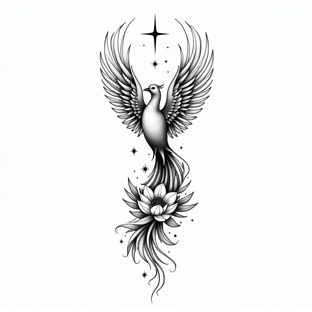 “Create a fine-line black and grey tattoo of a feminine phoenix rising upward, wings open. The phoenix’s feathers should gradually dissolve into floral elements and a small constellation.
Incorporate two meaningful symbols into the design:
– A lotus flower hidden in the feathers, with the letter M in the center, representing a daughter born on May 10, 2016.
– A constellation forming from a feather, including a central W-shaped star, symbolizing a son born on April 7, 2015.
Add magnolia flowers and soft leaves flowing from the phoenix’s tail to the base, representing rebirth and inner strength.
Underneath or subtly within the tail, include the quote in fine script:
‘Je me suis relevée sans bruit, mais pour toujours.’
Design for the inner arm, slightly curving toward the front. Keep the lines soft, detailed, poetic, and elegant. No heavy shading — only light gradients if needed.”higly detailed tattoo - Variation 3