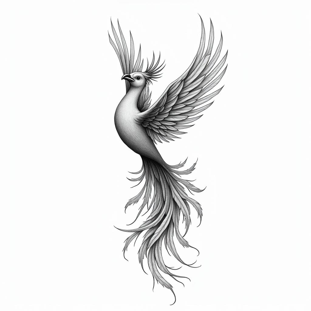 “Create a fine-line black and grey tattoo of a feminine phoenix rising upward, wings open. The phoenix’s feathers should gradually dissolve into floral elements and a small constellation.
Incorporate two meaningful symbols into the design:
– A lotus flower hidden in the feathers, with the letter M in the center, representing a daughter born on May 10, 2016.
– A constellation forming from a feather, including a central W-shaped star, symbolizing a son born on April 7, 2015.
Add magnolia flowers and soft leaves flowing from the phoenix’s tail to the base, representing rebirth and inner strength.
Underneath or subtly within the tail, include the quote in fine script:
‘Je me suis relevée sans bruit, mais pour toujours.’
Design for the inner arm, slightly curving toward the front. Keep the lines soft, detailed, poetic, and elegant. No heavy shading — only light gradients if needed.”higly detailed tattoo