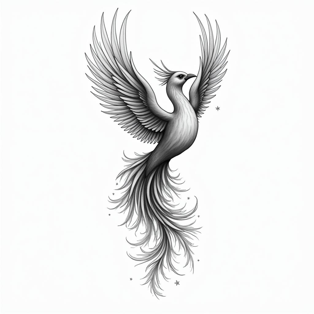 “Create a fine-line black and grey tattoo of a feminine phoenix rising upward, wings open. The phoenix’s feathers should gradually dissolve into floral elements and a small constellation.
Incorporate two meaningful symbols into the design:
– A lotus flower hidden in the feathers, with the letter M in the center, representing a daughter born on May 10, 2016.
– A constellation forming from a feather, including a central W-shaped star, symbolizing a son born on April 7, 2015.
Add magnolia flowers and soft leaves flowing from the phoenix’s tail to the base, representing rebirth and inner strength.
Underneath or subtly within the tail, include the quote in fine script:
‘Je me suis relevée sans bruit, mais pour toujours.’
Design for the inner arm, slightly curving toward the front. Keep the lines soft, detailed, poetic, and elegant. No heavy shading — only light gradients if needed.”higly detailed tattoo - Variation 2