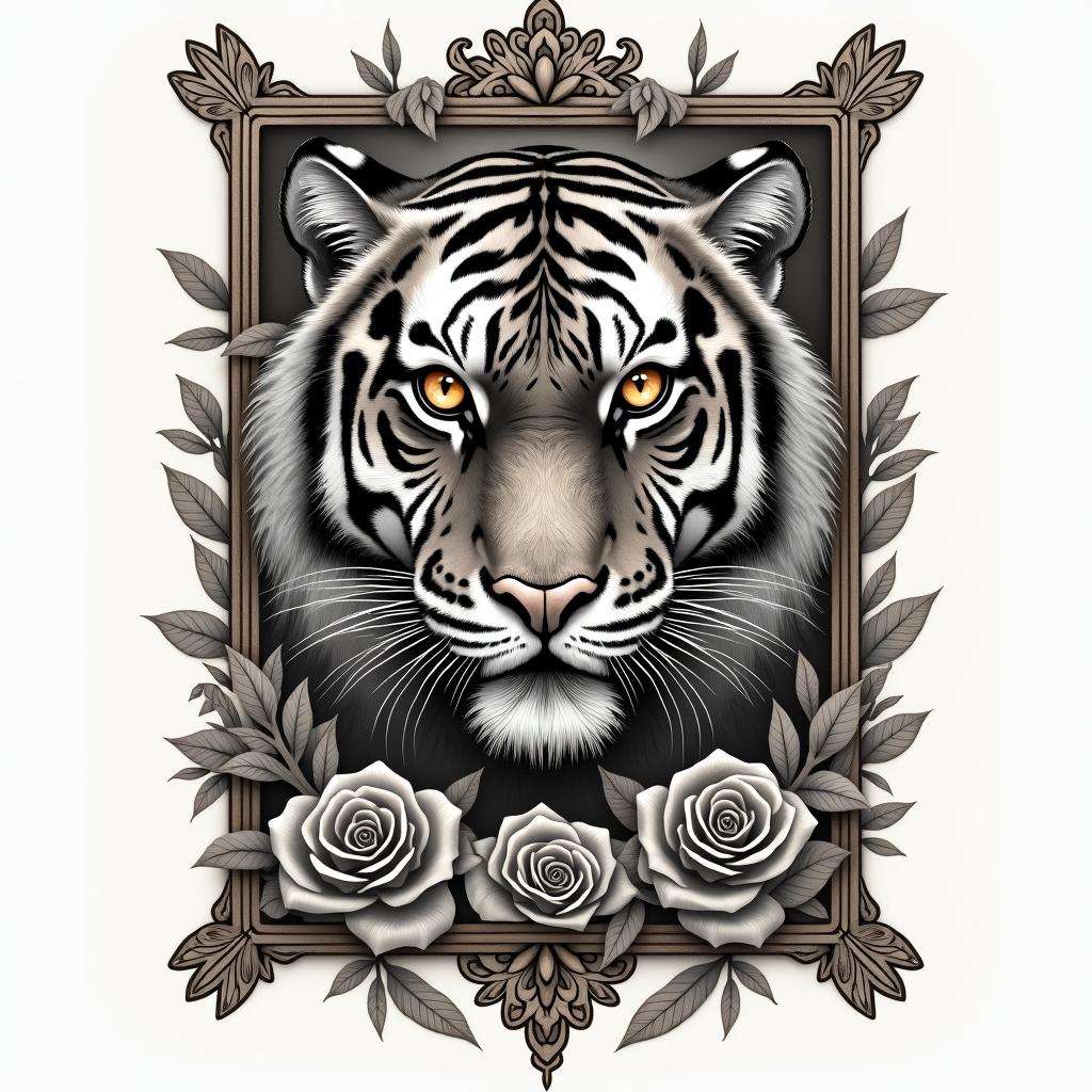 Tiger with intense eyes in a junglein victorian style tattoo, featuring vintage and elegant elements, ornate frames, roses, antique, sepia-toned color scheme - Variation 2