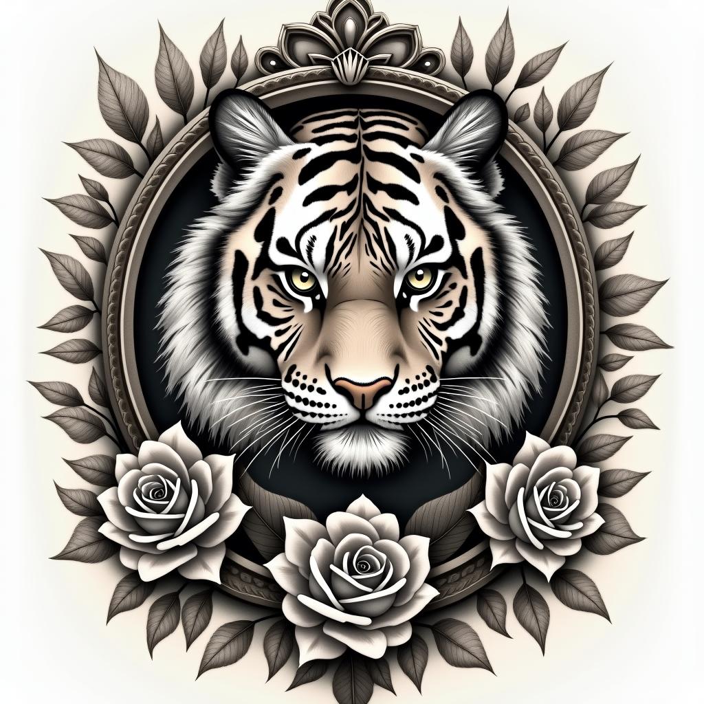 Tiger with intense eyes in a junglein victorian style tattoo, featuring vintage and elegant elements, ornate frames, roses, antique, sepia-toned color scheme - Variation 4
