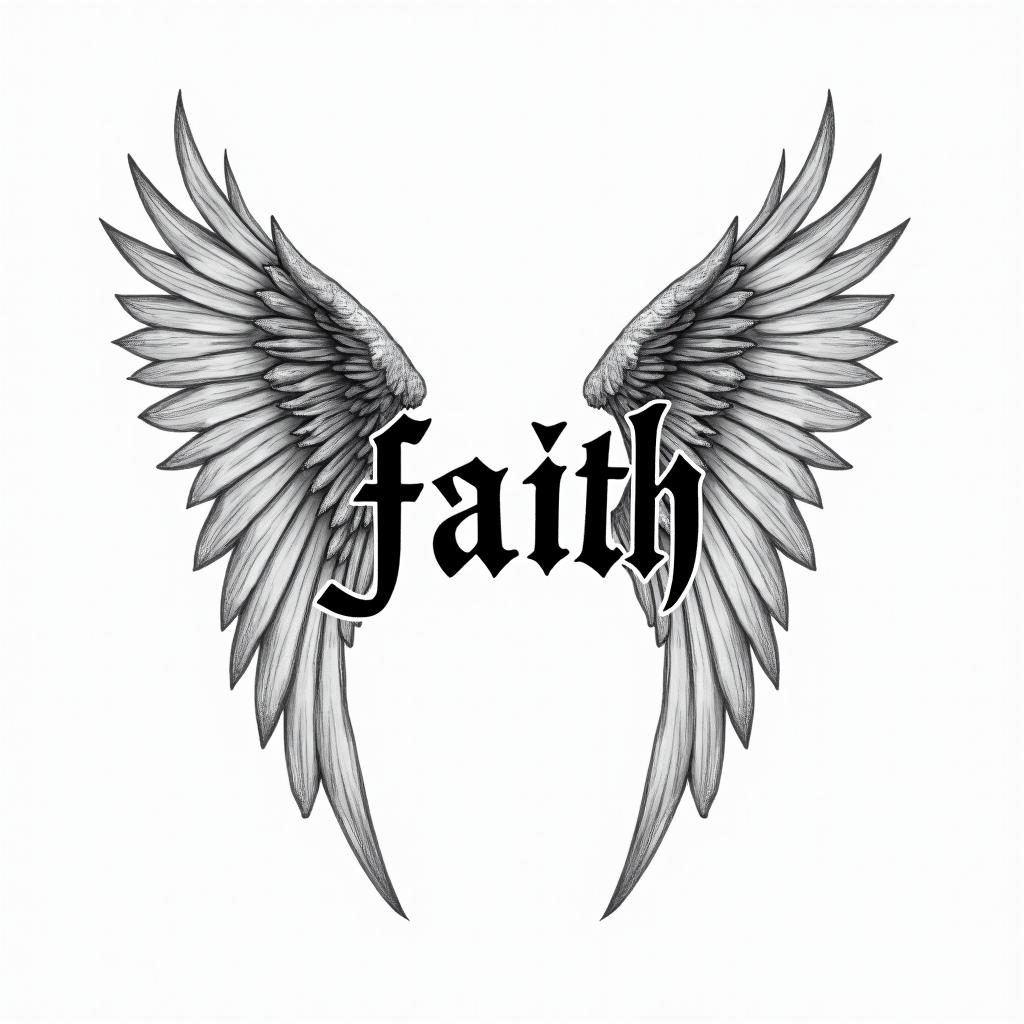 Word faith , angel wingstext-based tattoo, gothic font ultra-realistic, perfectly placed, high-quality font design, photo-realistic shading, 8k, high quality, finely detailed typography - Variation 3