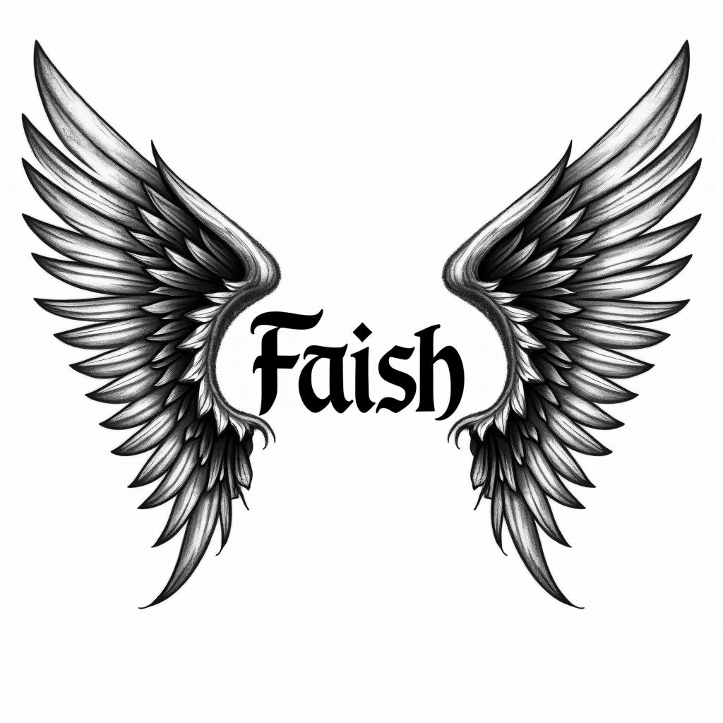 Word faith , angel wingstext-based tattoo, gothic font ultra-realistic, perfectly placed, high-quality font design, photo-realistic shading, 8k, high quality, finely detailed typography - Variation 4