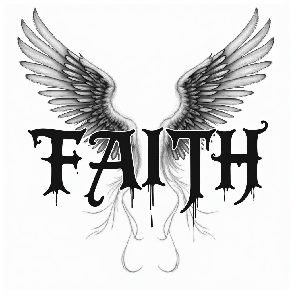 Word faith , angel wingstext-based tattoo, gothic font ultra-realistic, perfectly placed, high-quality font design, photo-realistic shading, 8k, high quality, finely detailed typography
