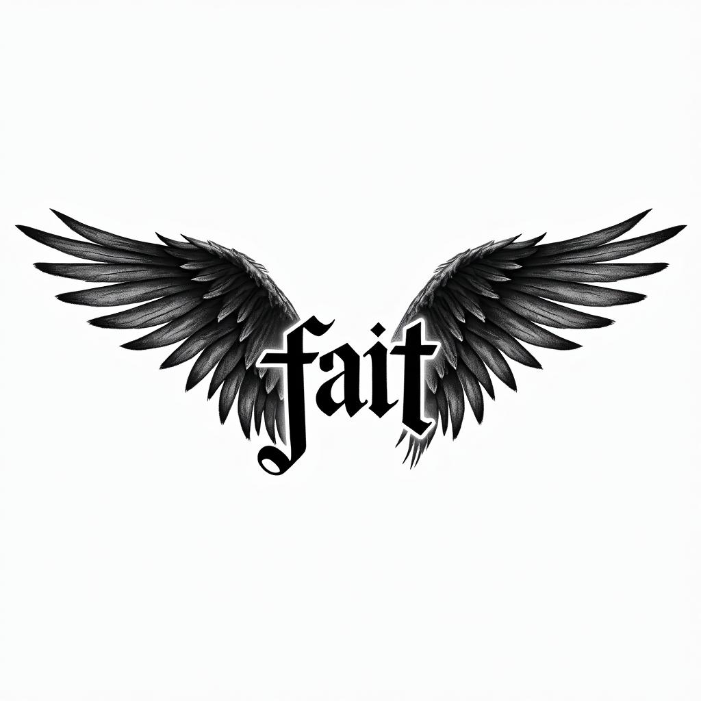 Word faith , angel wingstext-based tattoo, gothic font ultra-realistic, perfectly placed, high-quality font design, photo-realistic shading, 8k, high quality, finely detailed typography - Variation 2
