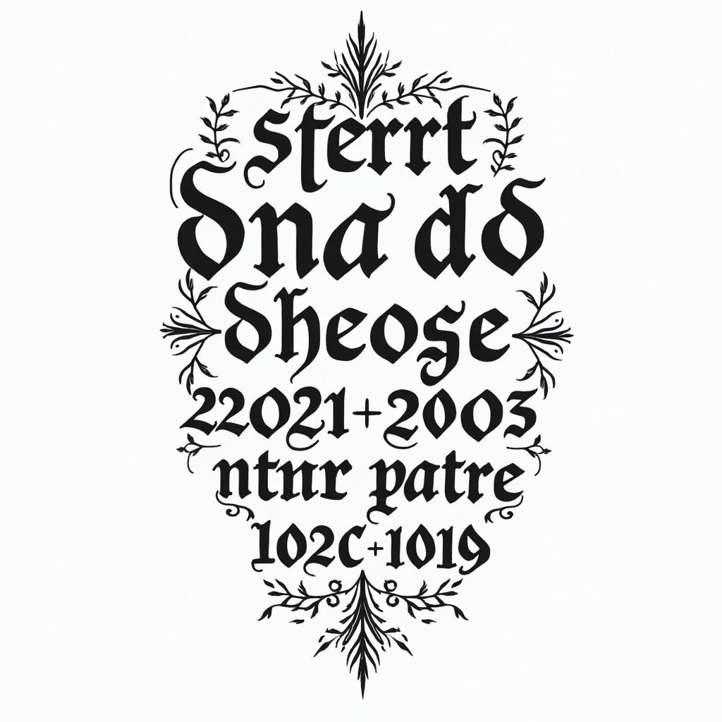 Use the dates 2001 -03-24 2003-02-06 2005-03-14 2017-02-11 2018-06-03 1986-12-30 to make many paths tattootext-based tattoo, gothic font ultra-realistic, perfectly placed, high-quality font design, photo-realistic shading, 8k, high quality, finely detailed typography - Variation 4