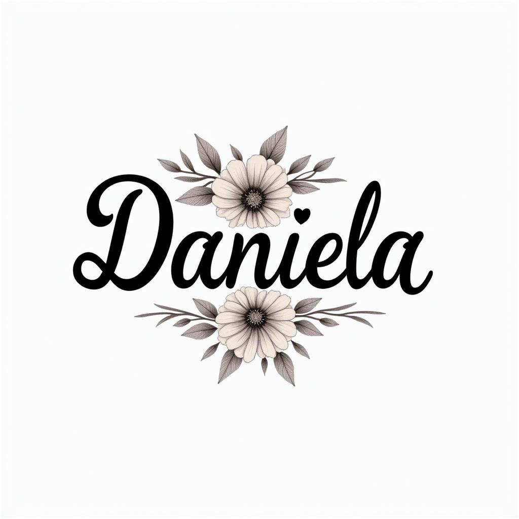 The name Daniela and a flowerin elegant cursive calligraphy style 2d tattoo, decorate with roses, featuring a smooth and flowing handwritten script with slightly thickened strokes for a luxurious and bold appearance,  heart symbol between names,  sleek and glossy black text with shadowing, minimalist matte white background, clean and sharp edges, illuminated with soft lighting, romantic, 8k, high-quality textures with refined typography - Variation 3