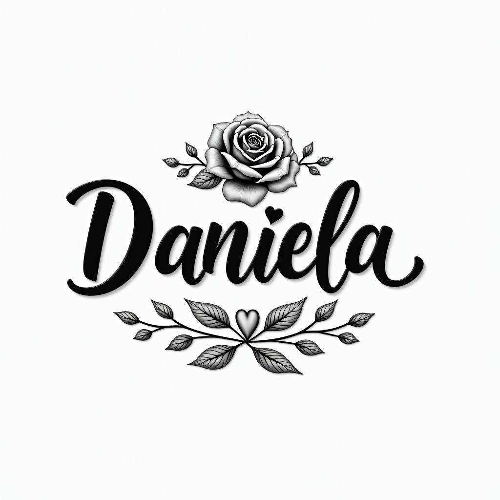 The name Daniela and a flowerin elegant cursive calligraphy style 2d tattoo, decorate with roses, featuring a smooth and flowing handwritten script with slightly thickened strokes for a luxurious and bold appearance,  heart symbol between names,  sleek and glossy black text with shadowing, minimalist matte white background, clean and sharp edges, illuminated with soft lighting, romantic, 8k, high-quality textures with refined typography - Variation 4