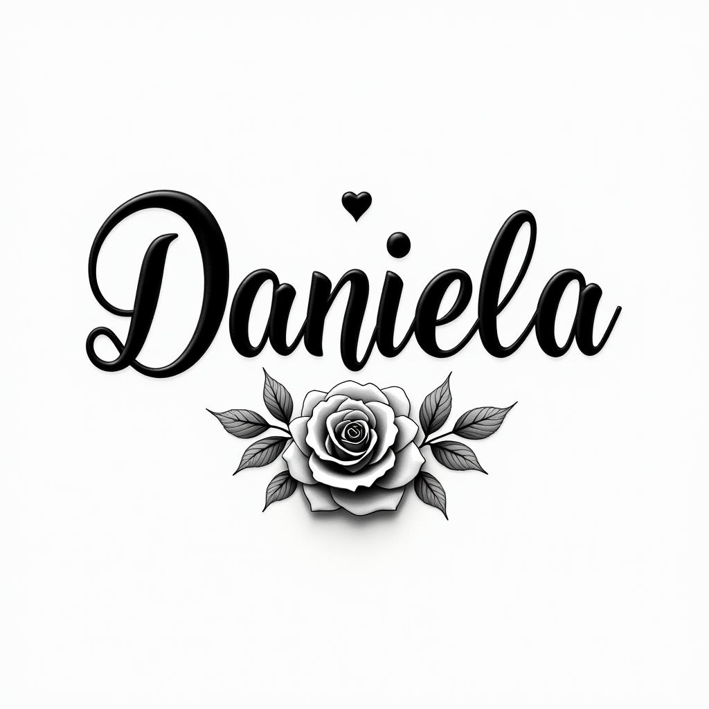The name Daniela and a flowerin elegant cursive calligraphy style 2d tattoo, decorate with roses, featuring a smooth and flowing handwritten script with slightly thickened strokes for a luxurious and bold appearance,  heart symbol between names,  sleek and glossy black text with shadowing, minimalist matte white background, clean and sharp edges, illuminated with soft lighting, romantic, 8k, high-quality textures with refined typography