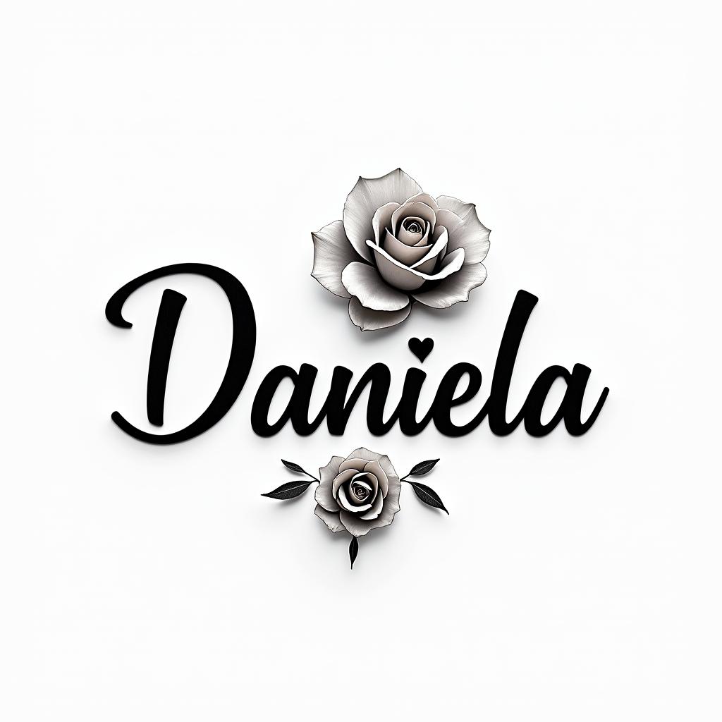 The name Daniela and a flowerin elegant cursive calligraphy style 2d tattoo, decorate with roses, featuring a smooth and flowing handwritten script with slightly thickened strokes for a luxurious and bold appearance,  heart symbol between names,  sleek and glossy black text with shadowing, minimalist matte white background, clean and sharp edges, illuminated with soft lighting, romantic, 8k, high-quality textures with refined typography - Variation 2