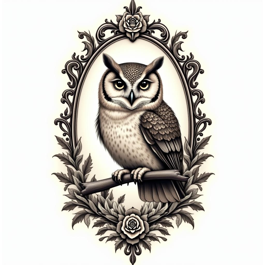 Little Owl Branchin victorian style tattoo, featuring vintage and elegant elements, ornate frames, roses, antique, sepia-toned color scheme - Variation 3