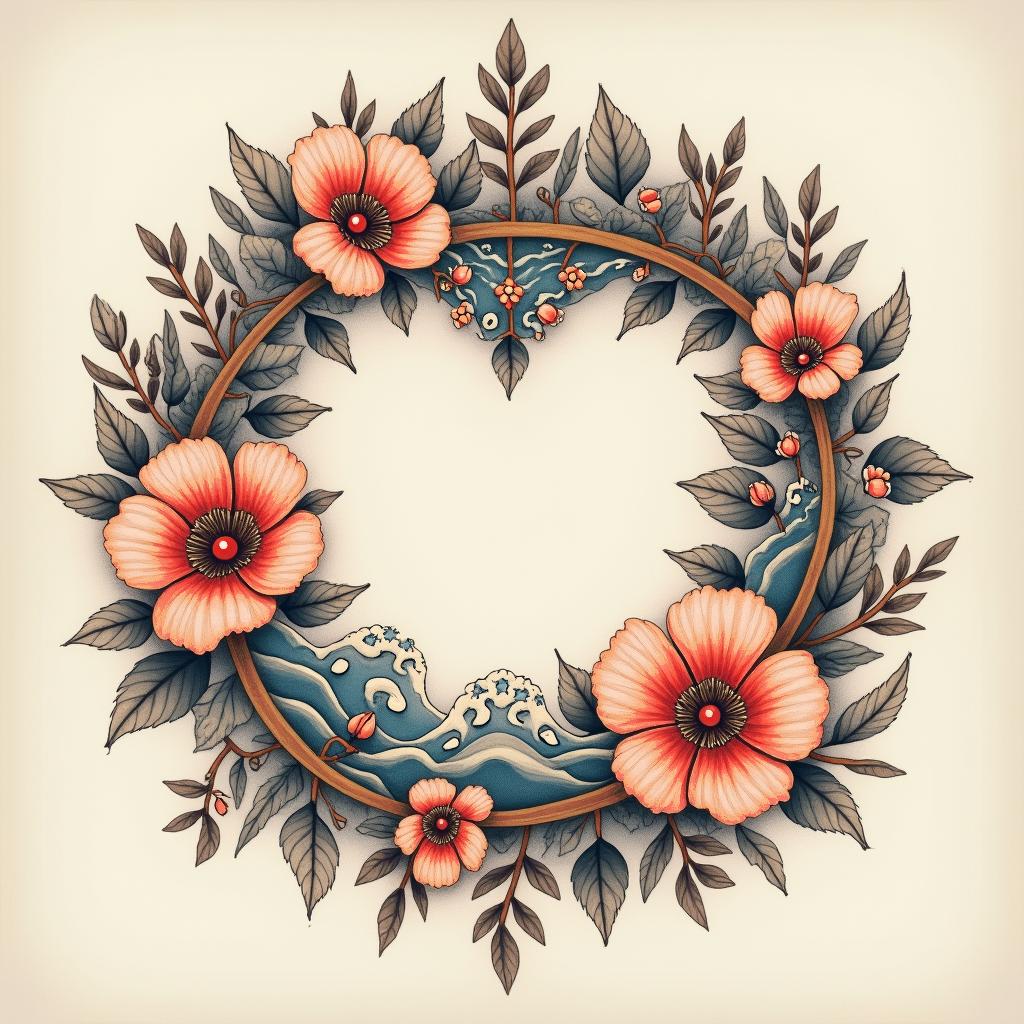 Rococo-style floral braceletin Modest style tattoo, featuring soft, delicate line work with simple and meaningful symbols, gentle waves, a heart, evoking a sense of serenity and grace, - Variation 4