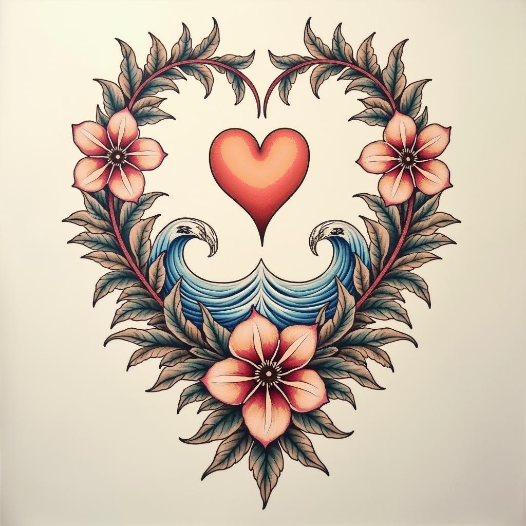 Rococo-style floral braceletin Modest style tattoo, featuring soft, delicate line work with simple and meaningful symbols, gentle waves, a heart, evoking a sense of serenity and grace, - Variation 3