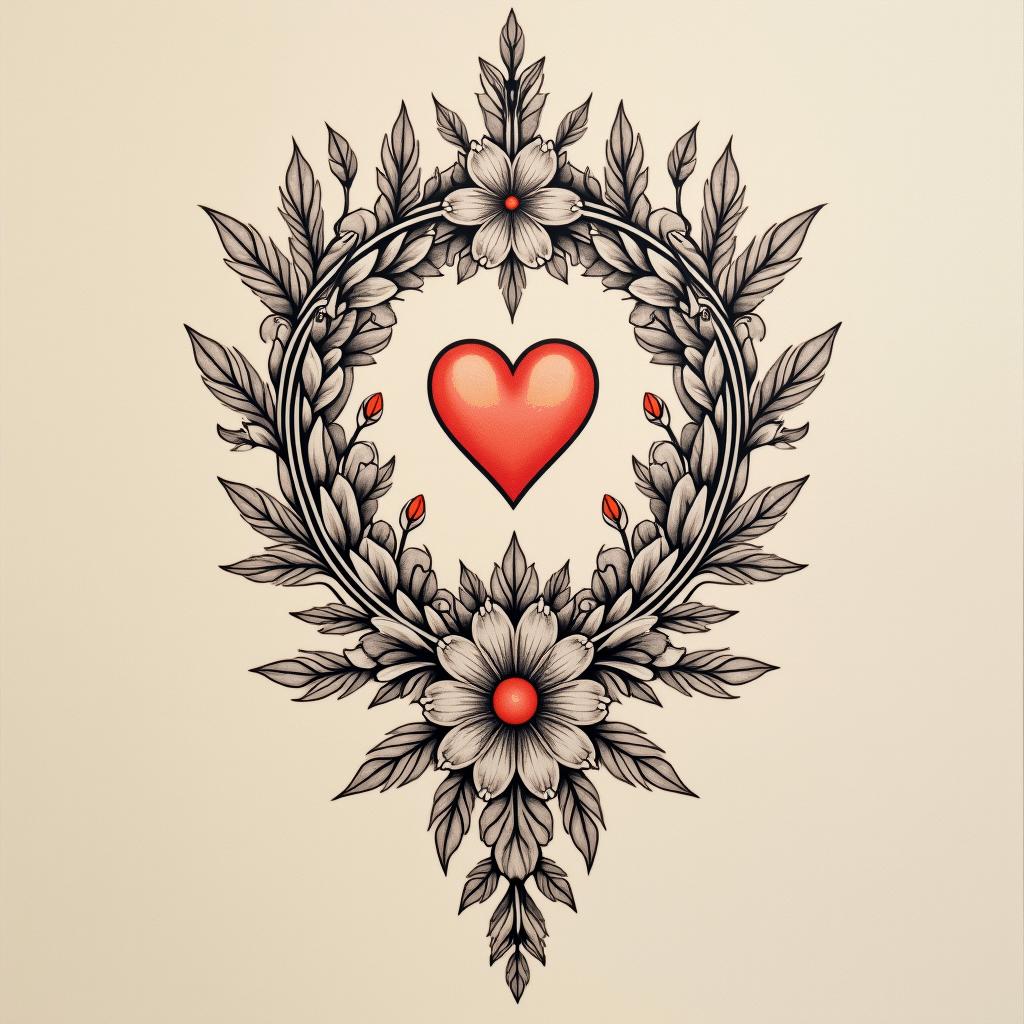 Rococo-style floral braceletin Modest style tattoo, featuring soft, delicate line work with simple and meaningful symbols, gentle waves, a heart, evoking a sense of serenity and grace,