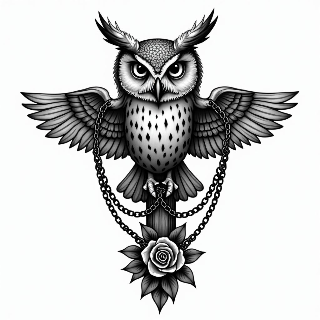 Little Owl Branchin chicano style tattoo, featuring intricate black and grey shading, bold elements of traditional chicano culture symbols, add a big cross with skull, chains and roses