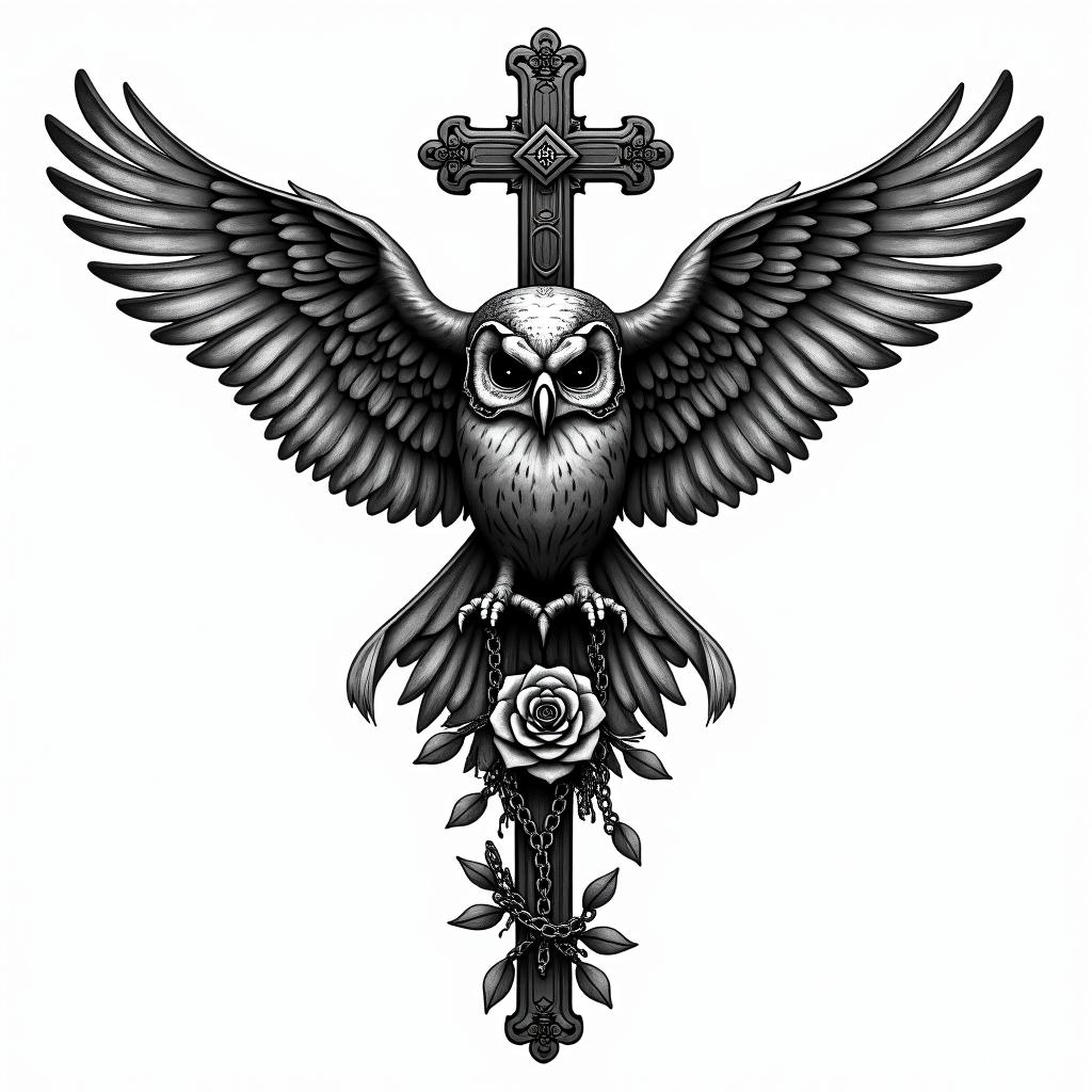 Little Owl Branchin chicano style tattoo, featuring intricate black and grey shading, bold elements of traditional chicano culture symbols, add a big cross with skull, chains and roses - Variation 2