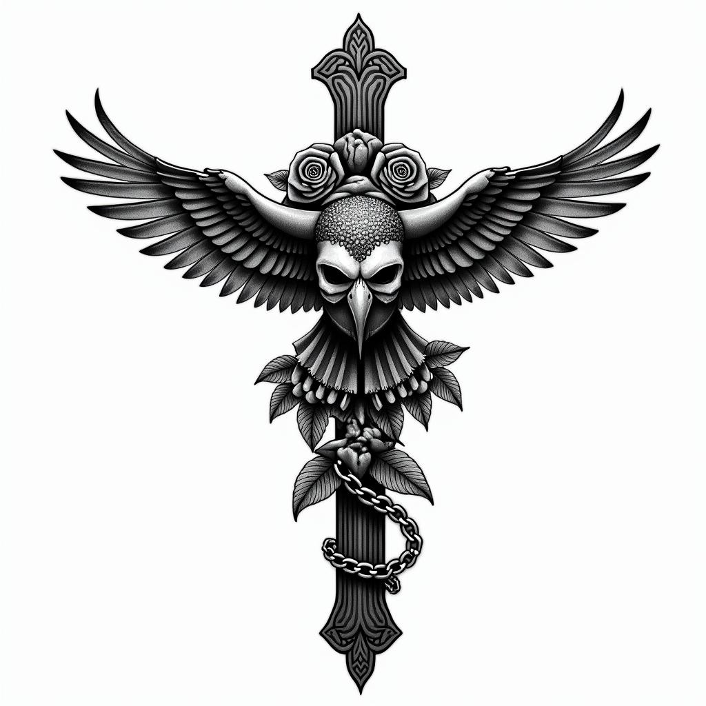 Little Owl Branchin chicano style tattoo, featuring intricate black and grey shading, bold elements of traditional chicano culture symbols, add a big cross with skull, chains and roses - Variation 3