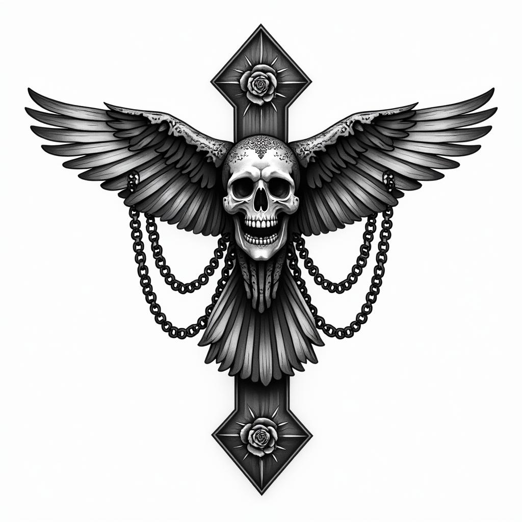 Little Owl Branchin chicano style tattoo, featuring intricate black and grey shading, bold elements of traditional chicano culture symbols, add a big cross with skull, chains and roses - Variation 4