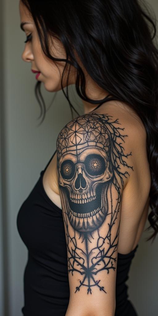 A path of Struggling with life and no support and got it all taking away. Playing tug of war Struggled with drugs and depression and gambling. Was in a car accident and got back surgery and a brain injury. Recieved a big settlement was able to get my family backcreepy horror tattoo style, featuring an eerie and unsettling skull of a demonic creature, distorted face with sharp fangs, add pentagram symbol - Variation 1