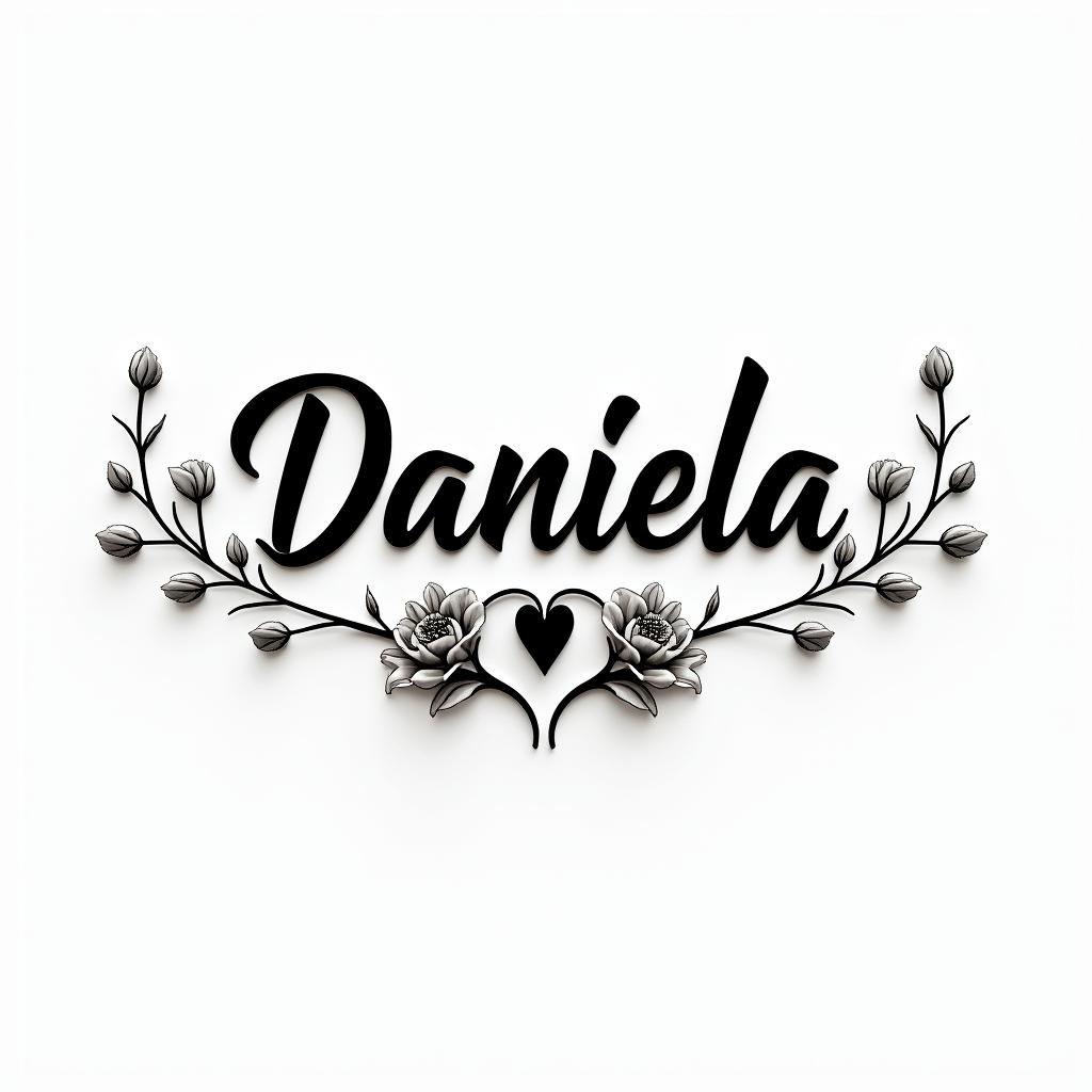 Name Daniela and a flower at the endin elegant cursive calligraphy style 2d tattoo, decorate with roses, featuring a smooth and flowing handwritten script with slightly thickened strokes for a luxurious and bold appearance,  heart symbol between names,  sleek and glossy black text with shadowing, minimalist matte white background, clean and sharp edges, illuminated with soft lighting, romantic, 8k, high-quality textures with refined typography - Variation 8
