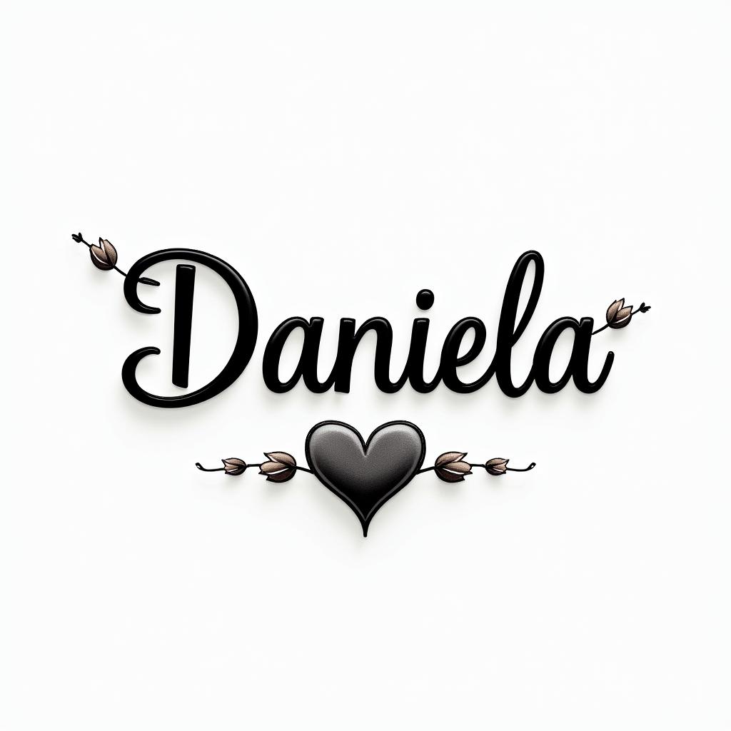 Name Daniela and a flower at the endin elegant cursive calligraphy style 2d tattoo, decorate with roses, featuring a smooth and flowing handwritten script with slightly thickened strokes for a luxurious and bold appearance,  heart symbol between names,  sleek and glossy black text with shadowing, minimalist matte white background, clean and sharp edges, illuminated with soft lighting, romantic, 8k, high-quality textures with refined typography - Variation 5
