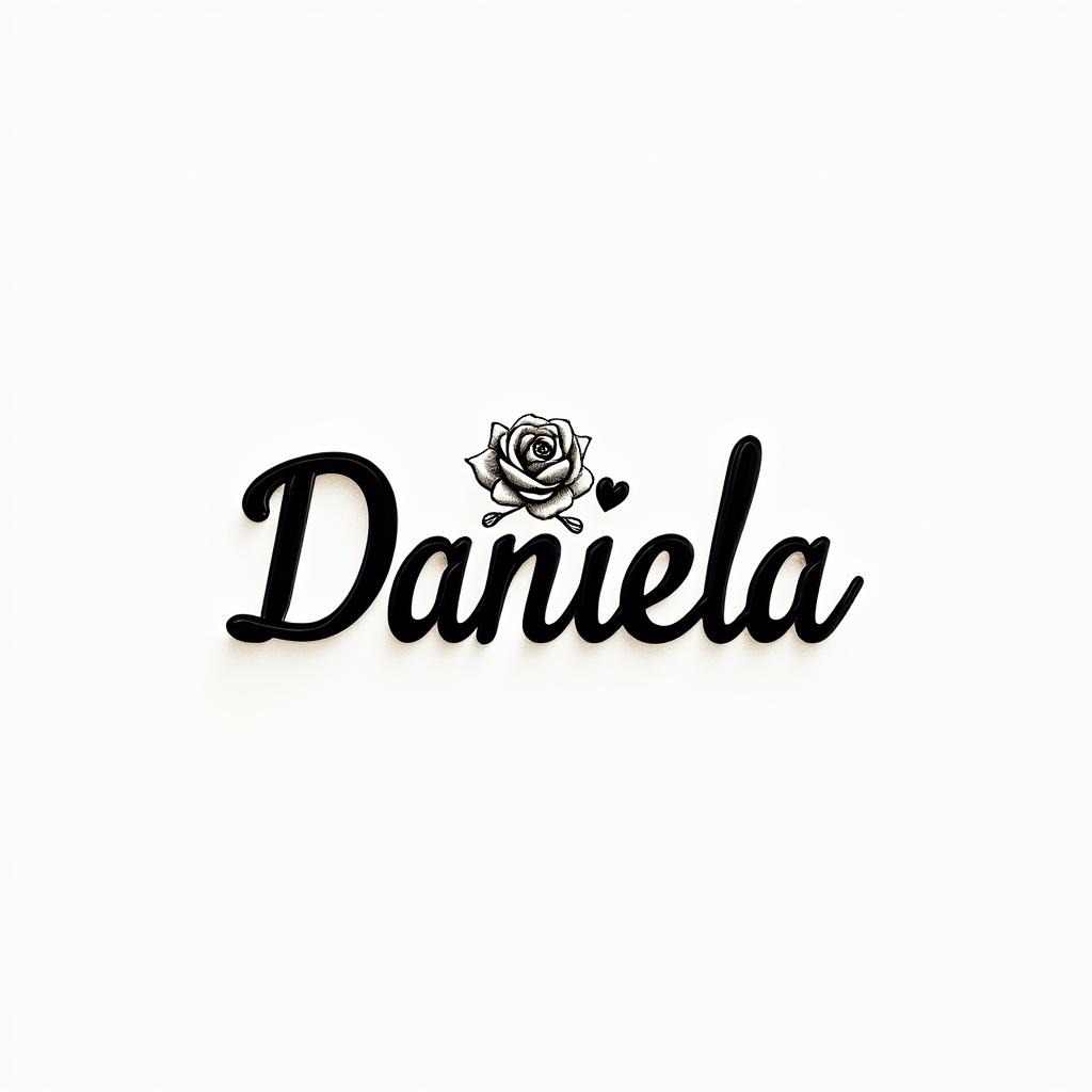 Name Daniela and a flower at the endin elegant cursive calligraphy style 2d tattoo, decorate with roses, featuring a smooth and flowing handwritten script with slightly thickened strokes for a luxurious and bold appearance,  heart symbol between names,  sleek and glossy black text with shadowing, minimalist matte white background, clean and sharp edges, illuminated with soft lighting, romantic, 8k, high-quality textures with refined typography - Variation 6