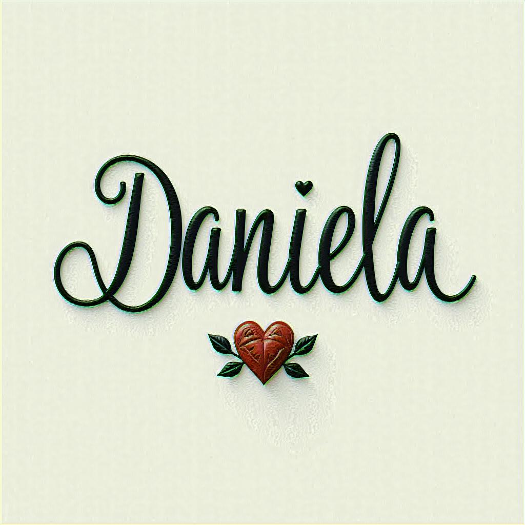 Name Daniela and a flower at the endin elegant cursive calligraphy style 2d tattoo, decorate with roses, featuring a smooth and flowing handwritten script with slightly thickened strokes for a luxurious and bold appearance,  heart symbol between names,  sleek and glossy black text with shadowing, minimalist matte white background, clean and sharp edges, illuminated with soft lighting, romantic, 8k, high-quality textures with refined typography - Variation 7