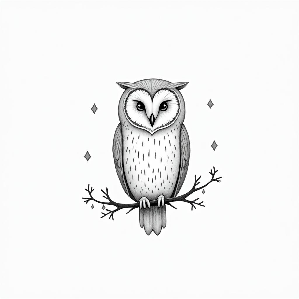 Little Owl Branchin minimalist style tattoo, featuring simple shapes and fine lines, with minimal shading and details, tiny triangles, creating a sense of balance and harmony - Variation 3