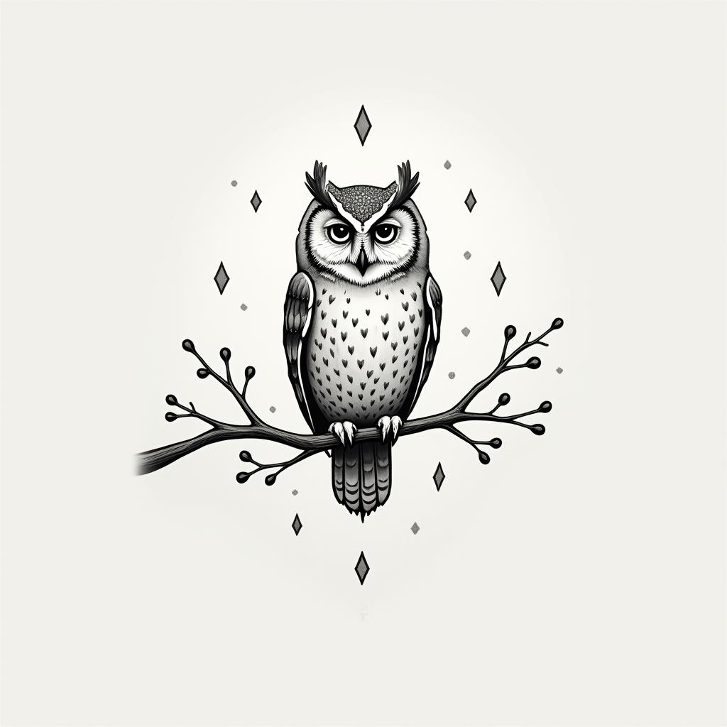 Little Owl Branchin minimalist style tattoo, featuring simple shapes and fine lines, with minimal shading and details, tiny triangles, creating a sense of balance and harmony - Variation 2