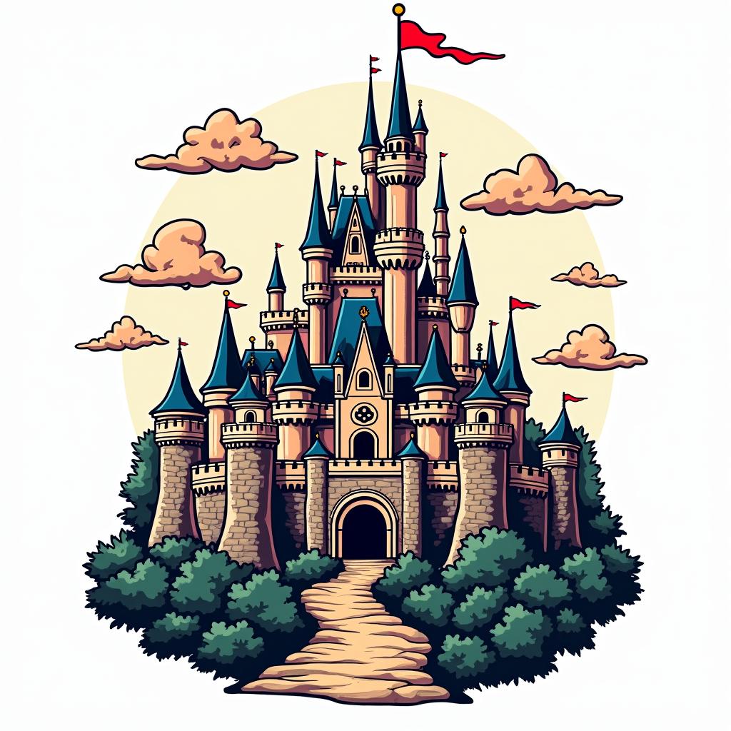 Cinderella castlein pop art style tattoo, featuring bold and vibrant colors, exaggerated outlines, iconic imagery, inspired by comic books and speech bubbles, comic book characters, retro pop culture - Variation 2