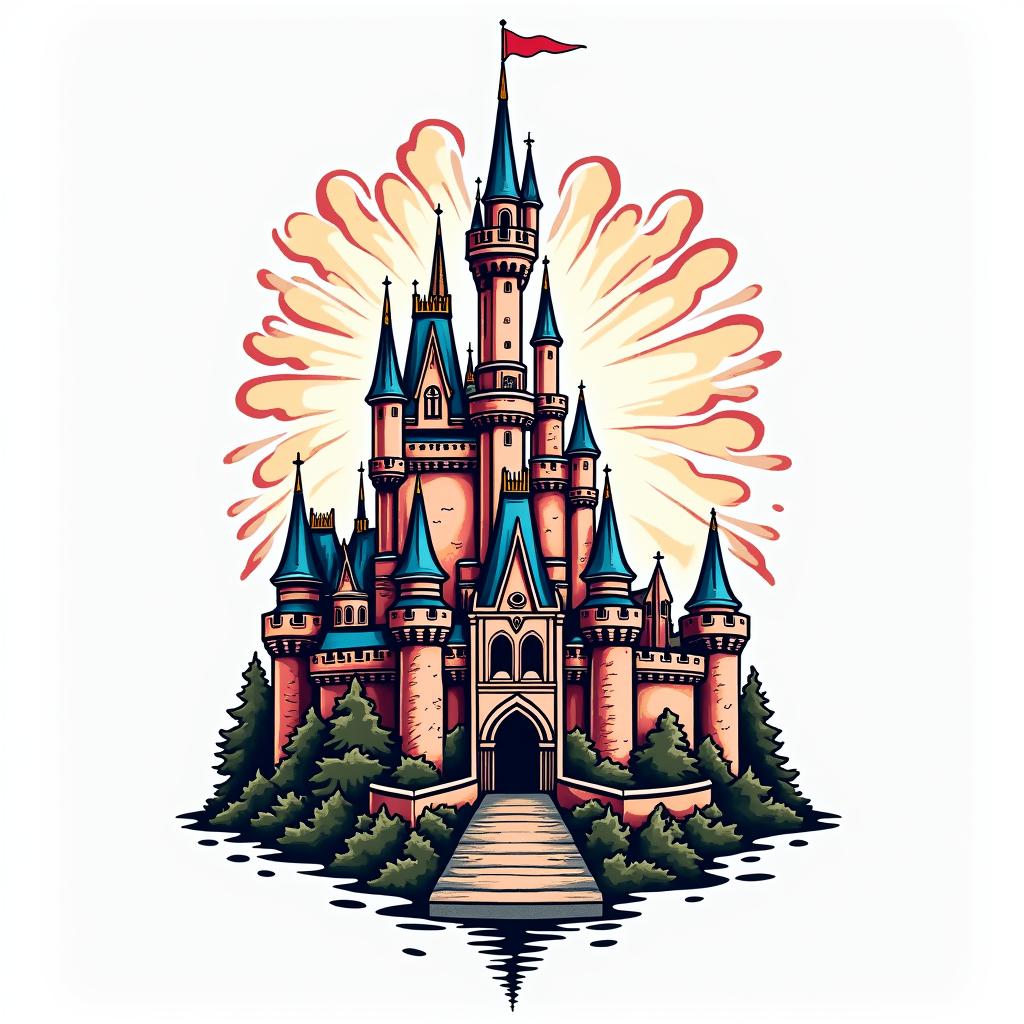 Cinderella castlein pop art style tattoo, featuring bold and vibrant colors, exaggerated outlines, iconic imagery, inspired by comic books and speech bubbles, comic book characters, retro pop culture - Variation 4