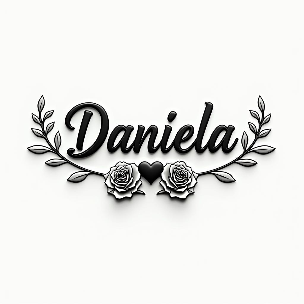 Name Daniela and a flower at the endin elegant cursive calligraphy style 2d tattoo, decorate with roses, featuring a smooth and flowing handwritten script with slightly thickened strokes for a luxurious and bold appearance,  heart symbol between names,  sleek and glossy black text with shadowing, minimalist matte white background, clean and sharp edges, illuminated with soft lighting, romantic, 8k, high-quality textures with refined typography