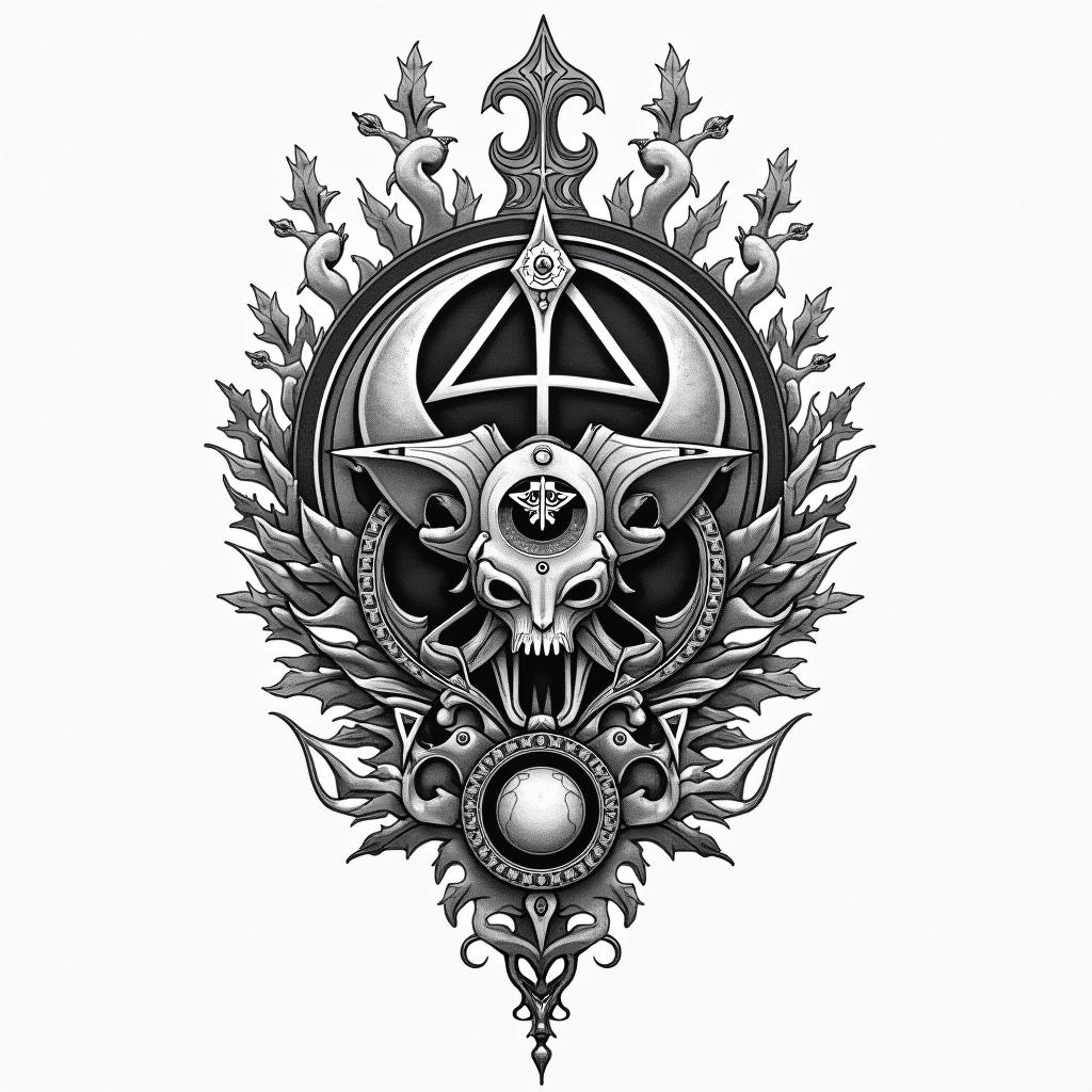 Marioin paganic style tattoo, featuring ancient symbols, add vegvisir symbol, mystical figures, incorporating designs, pentagrams, runes, crescent moons,