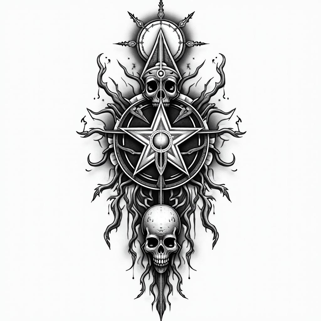 Marioin paganic style tattoo, featuring ancient symbols, add vegvisir symbol, mystical figures, incorporating designs, pentagrams, runes, crescent moons, - Variation 3