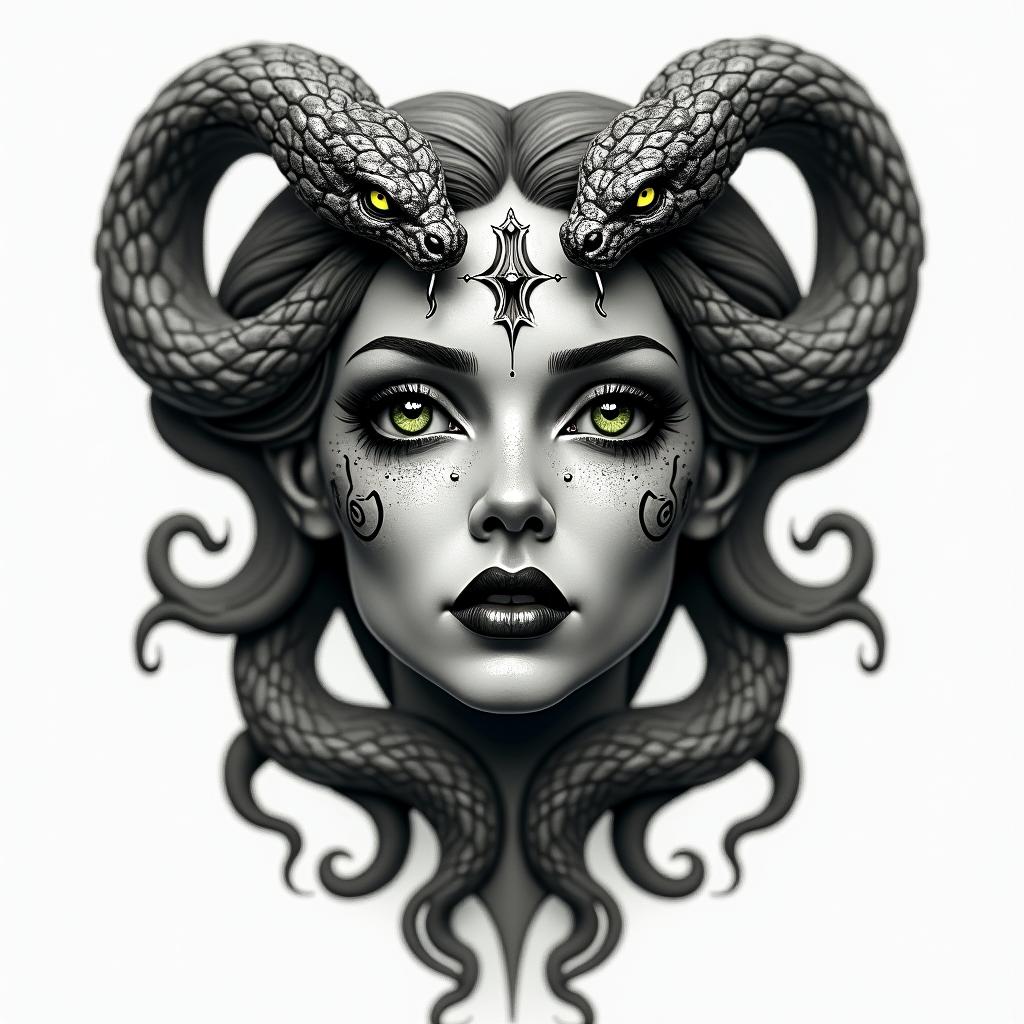 Black and gray Medusa head tattoo with green eyes, snakes should have green eyes too, seductive look, full lips, stone like appearancein realism tattoo style, featuring a highly detailed, lifelike, capturing every detail, photorealistic, ultra realistic, intricate shading, smooth and sharp, - Variation 3