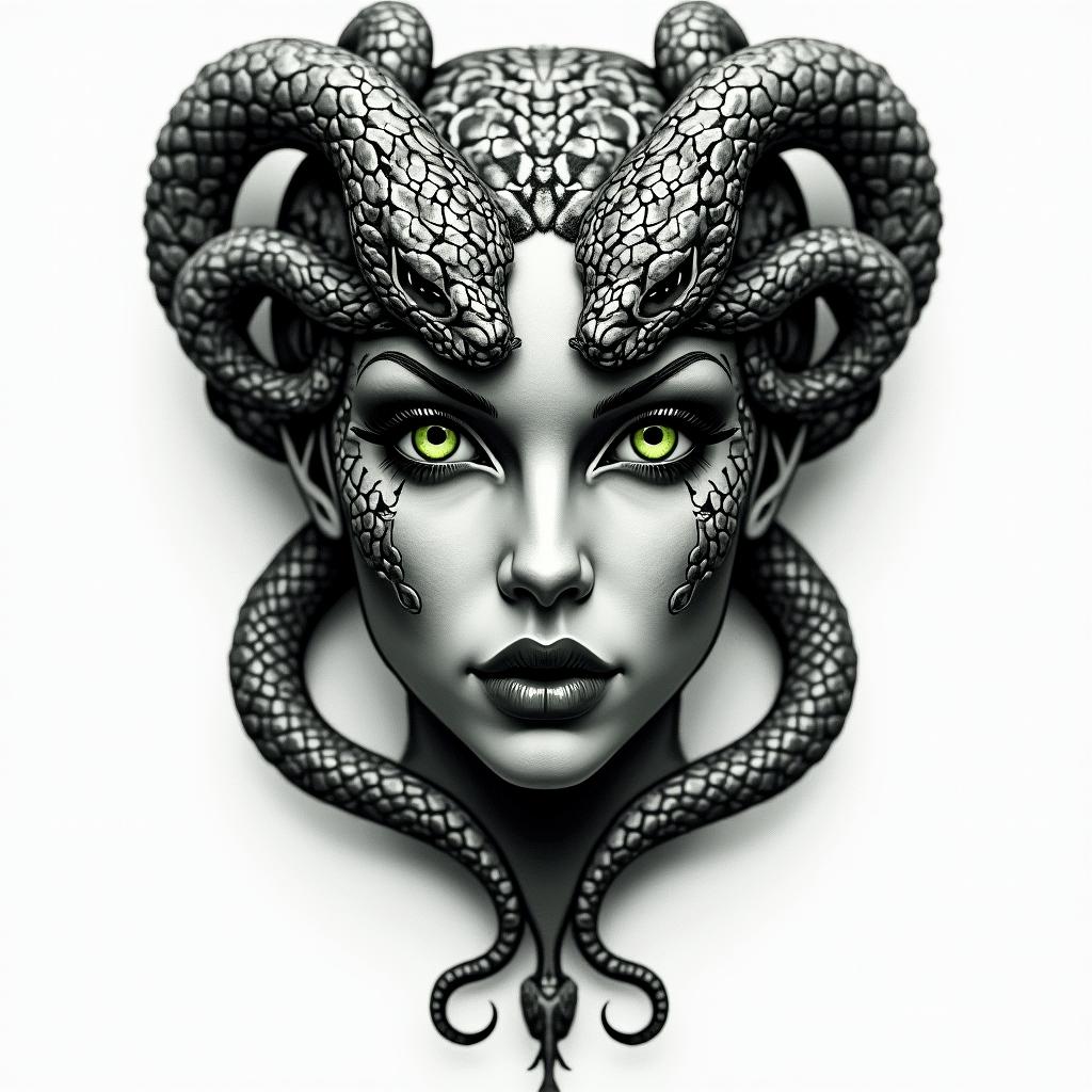 Black and gray Medusa head tattoo with green eyes, snakes should have green eyes too, seductive look, full lips, stone like appearancein realism tattoo style, featuring a highly detailed, lifelike, capturing every detail, photorealistic, ultra realistic, intricate shading, smooth and sharp, - Variation 1