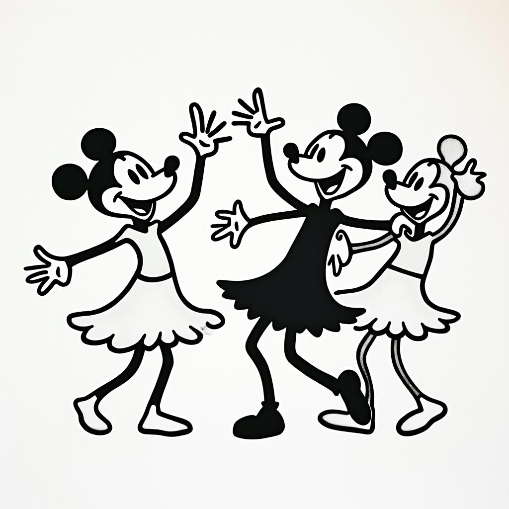 Disneyabstract dancing figures in Keith Haring style, featuring bold black outlines and solid color fills, figures posed in dynamic and playful dance movements, minimalist design - Variation 2