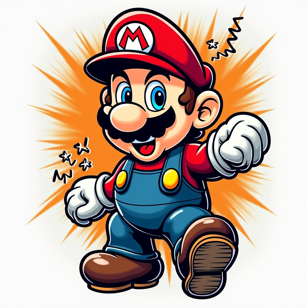 Marioin pop art style tattoo, featuring bold and vibrant colors, exaggerated outlines, iconic imagery, inspired by comic books and speech bubbles, comic book characters, retro pop culture - Variation 2
