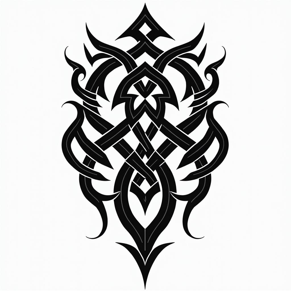 Aggressive and Viking stylein tribal tattoo style, featuring bold and black geometric shapes, curved lines, intertwine and flow seamlessly, creating a powerful and symbolic design, polynesian and maori styles