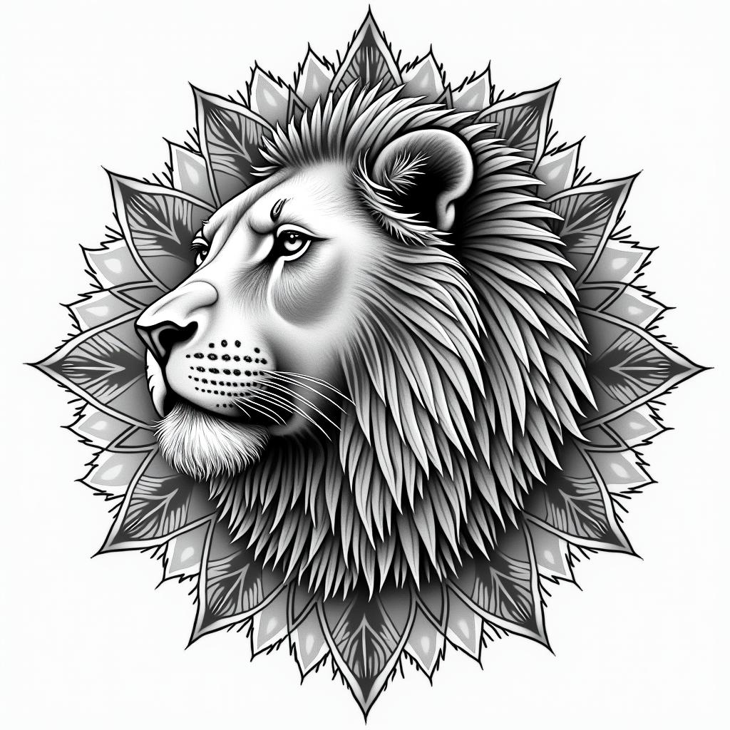 I was born on June 29, 2000, I like lions, I like realism and shadows, I strongly believe that if you really put effort into something, you can achieve it, or another phrase is to believe in yourself. I have a small family, it's just the three of us: my mom and my dad.in dotwork style tattoo, complex mandala patterns, interlocking geometric shapes with sharp symmetry, clean lines, sharp angles - Variation 4