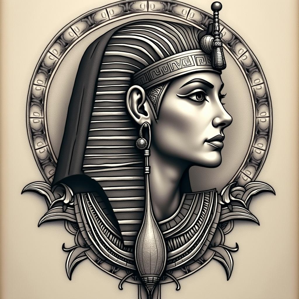 Valkyriein egyptian style tattoo, bold elements of ancient egyptian culture including a portrait of an Egyptian pharaoh with detailed facial features, in hieroglyphs and symbolic imagery, eye of horus, ankh symbol, scarab beetle