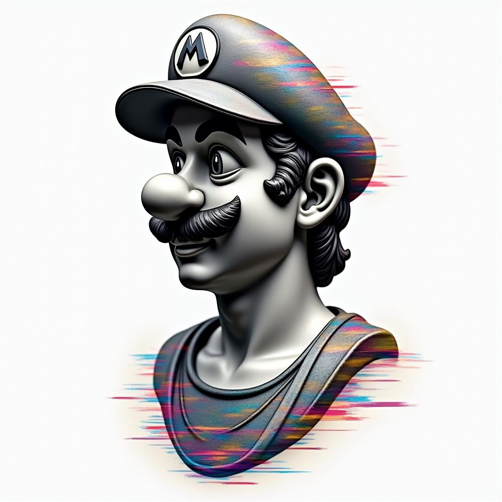 Marioin distorted and fragmented tattoo design, featuring a classical statue bust, in a glitch art style with vibrant, overlapping colors of cyan, magenta, and yellow, creating a digital distortion effect - Variation 4