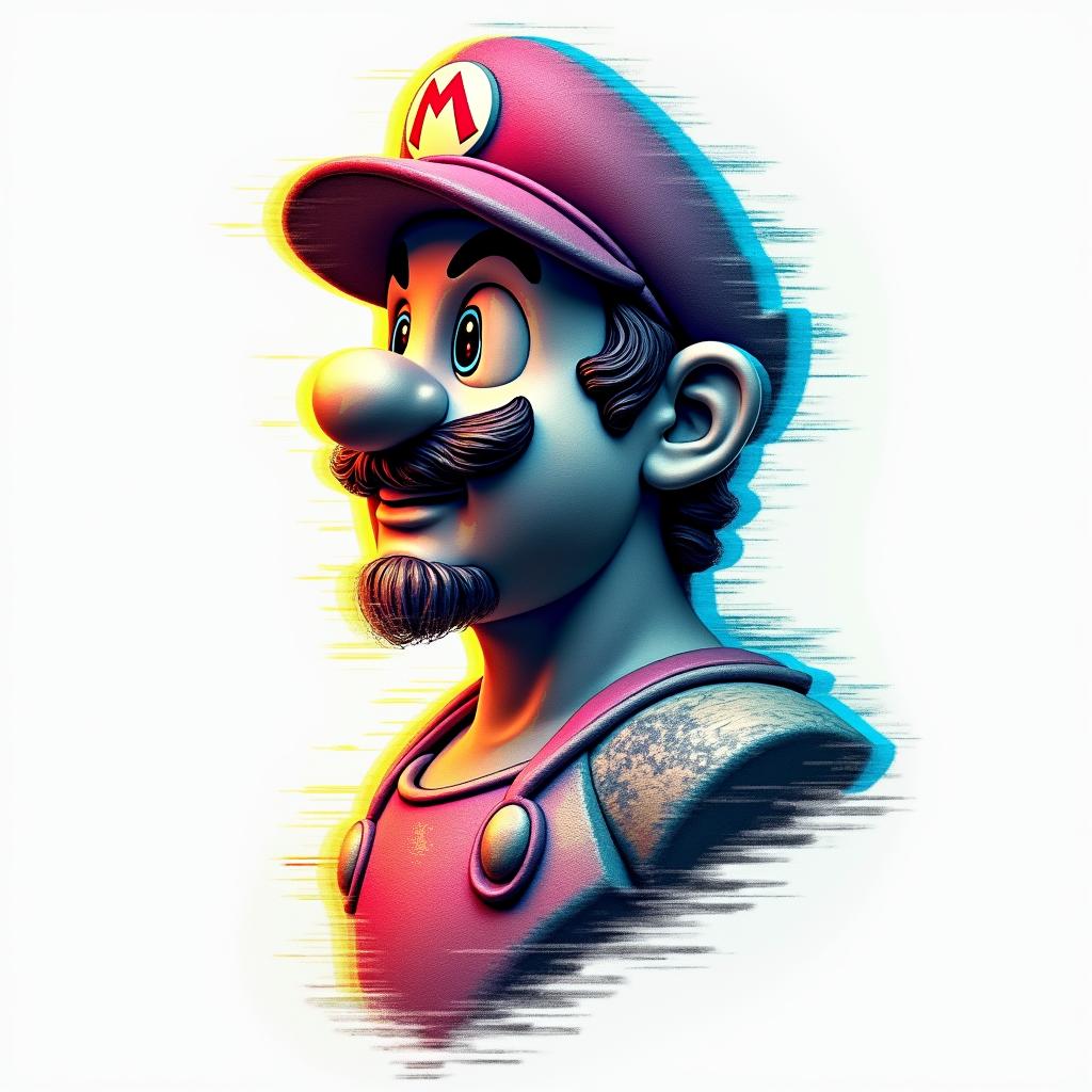 Marioin distorted and fragmented tattoo design, featuring a classical statue bust, in a glitch art style with vibrant, overlapping colors of cyan, magenta, and yellow, creating a digital distortion effect - Variation 3