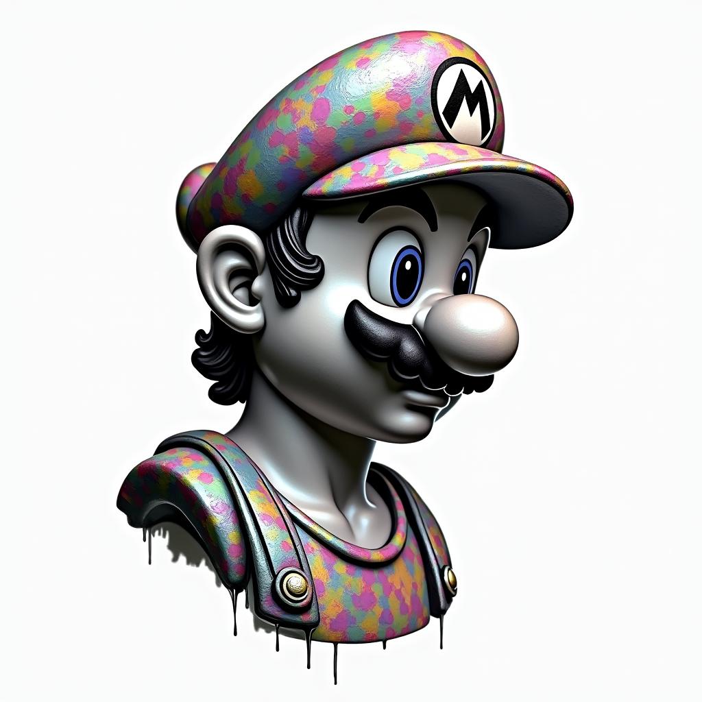 Marioin distorted and fragmented tattoo design, featuring a classical statue bust, in a glitch art style with vibrant, overlapping colors of cyan, magenta, and yellow, creating a digital distortion effect - Variation 2
