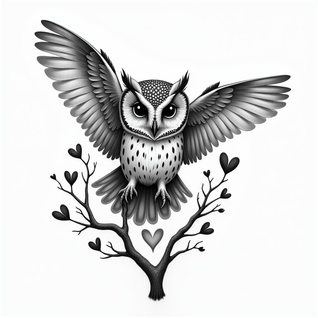 Owl small branch friendly heartshigly detailed tattoo - Variation 4