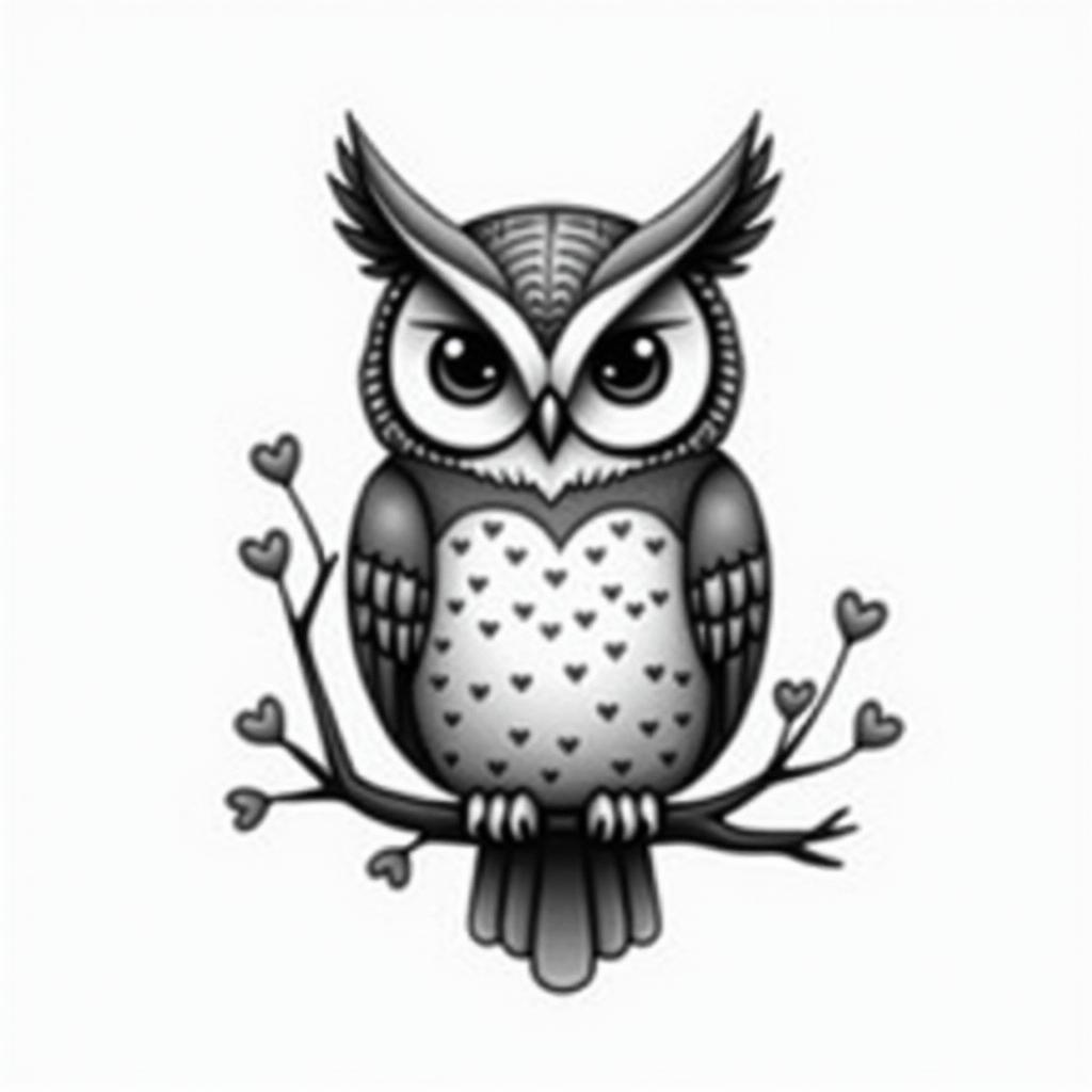 Owl small branch friendly heartshigly detailed tattoo - Variation 2